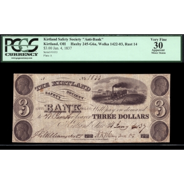 Rust .  14  $3 1837 Mormon Paper Money PCGS 30 A