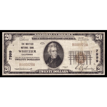 Whittier – California – CH 7999 – FR 1802-1 – VF - National Bank Note 