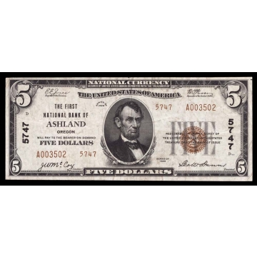 Ashland – Oregon – CH 5747 – FR 1800-2 – VF - National Bank Note 