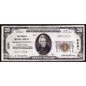 Norristown – Pennsylvania – CH 2581 – FR 1802-1 – F/VF - National Bank Note