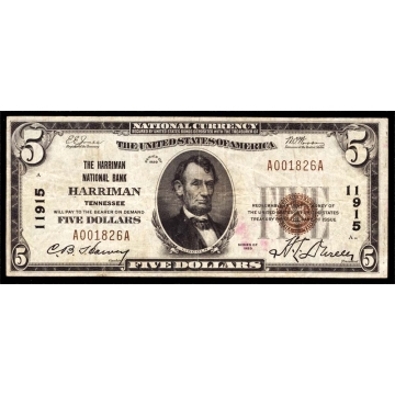 Harriman – Tennessee – CH 11915 – FR 1800-1 – VF - National Bank Note 