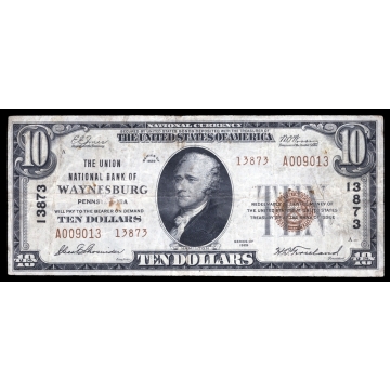 Waynesburg – Pennsylvania – CH 13873 – FR 1801-2 – Fine - National Bank Note