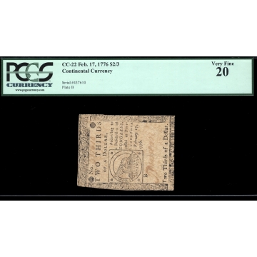 FR. CC-022 $2/3 Feb. 17, 1776 Continental Currency PCGS 20