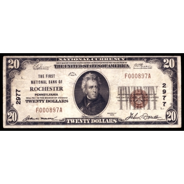 Rochester – Pennsylvania – CH 2977 – FR 1802-1 – VF - National Bank Note 