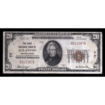 Scranton – Pennsylvania – CH 77 – FR 1802-1 – F / VF - National Bank Note 