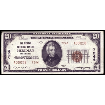 Meridian – Mississippi- CH 7266 – FR 1802-2 – UNC - National Bank Note 