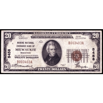 Milwaukee – Wisconsin – CH 5458 – FR 1802-1 – VF - National Bank Note 