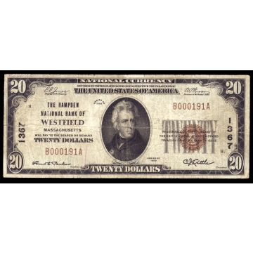 Westfield – Massachusetts – CH 1367 – FR 1802-1 – Fine - National Bank Note 