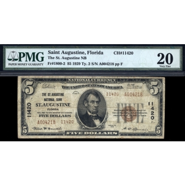 St. Augustine – Florida – CH 11420 – FR 1800-2 – PMG 20 Very Fine - National Bank Note 