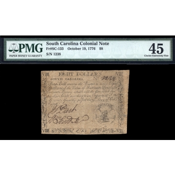 FR. SC-133 $8 October 19, 1776 South Carolina Colonial Note PMG 45