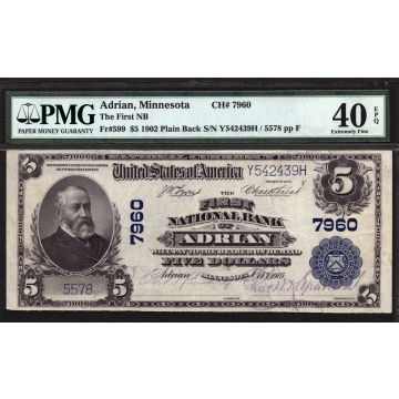 Adrian - Minnesota - CH 7960 - FR 599 - PMG 40 EPQ - National Bank Note 