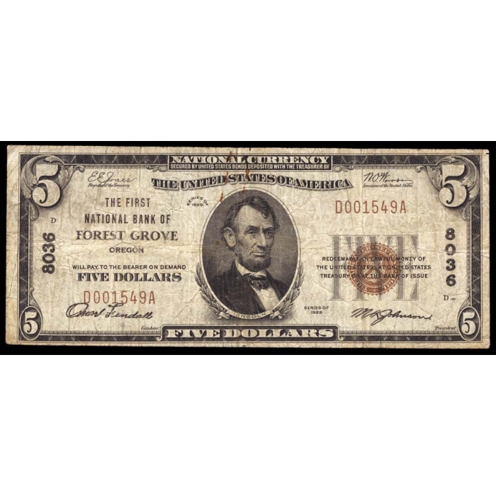 Forest Grove – CH 8036 – FR 1800-1 – Fine - National Bank Note 