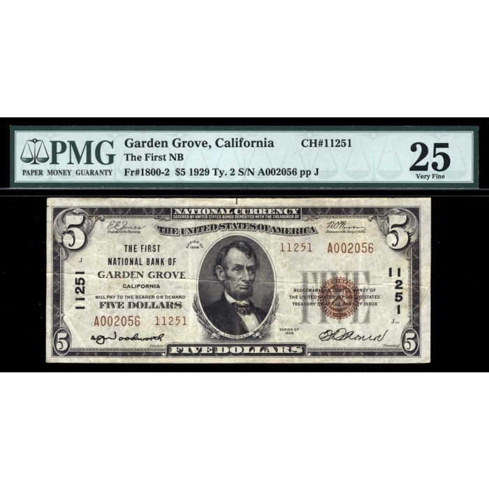 Garden Grove – California – CH 11251 – FR 1800-2 – PMG 25 Very Fine - National Bank Note 