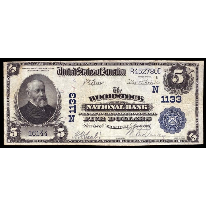 Woodstock – Vermont – CH 1133 – FR 598 – VF - National Bank Note 