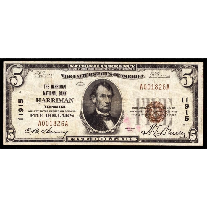 Harriman – Tennessee – CH 11915 – FR 1800-1 – VF - National Bank Note 