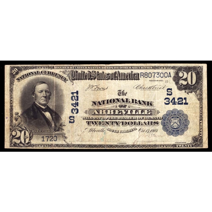 Abbeville – South Carolina – CH 3421 – FR 643 – VF - National Bank Note 