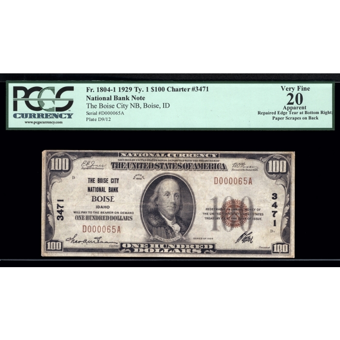 Boise – Idaho – CH 3471 – FR 1804-1 – PCGS 20 Apparent - National Bank Note 