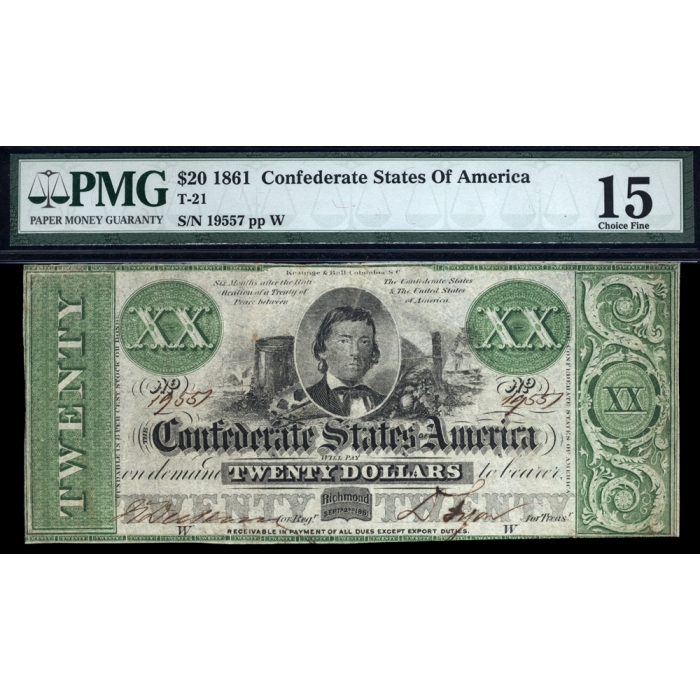 T-21 $20 1861 Confederate States of America PMG 15