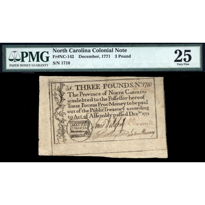 FR. NC-142 3 Pounds December, 1771 North Carolina Colonial Note PMG 25