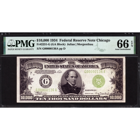 FR. 2231-G $10,000 1934 FRN Chicago Light Green PMG 66 EPQ