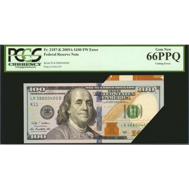 FR. 2187-K $100 2009A Error FRN Dallas PCGS 66 PPQ