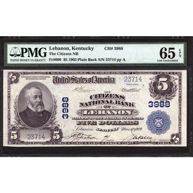 FR 600 $5 1902 PB National Bank Note PMG 65 EPQ