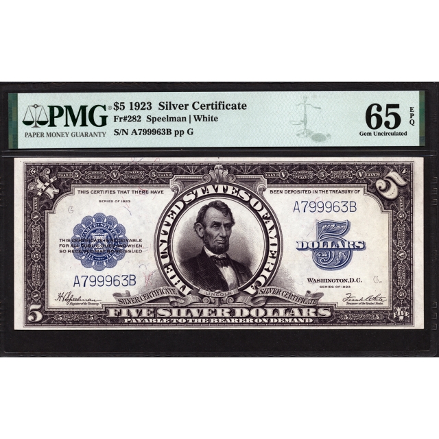 FR 282 $5 1923 Silver Certificate PMG 65 EPQ