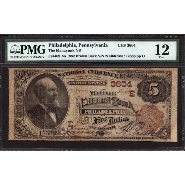 FR 469 $5 1882 Brown Back National Bank Note PMG 12